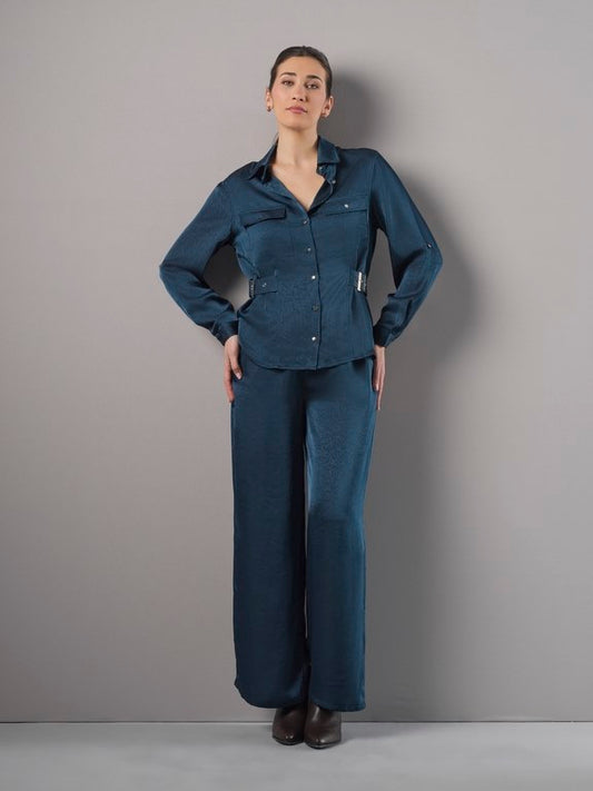 Conjunto Azul de Blusa con Cinturón y Pantalón Ancho