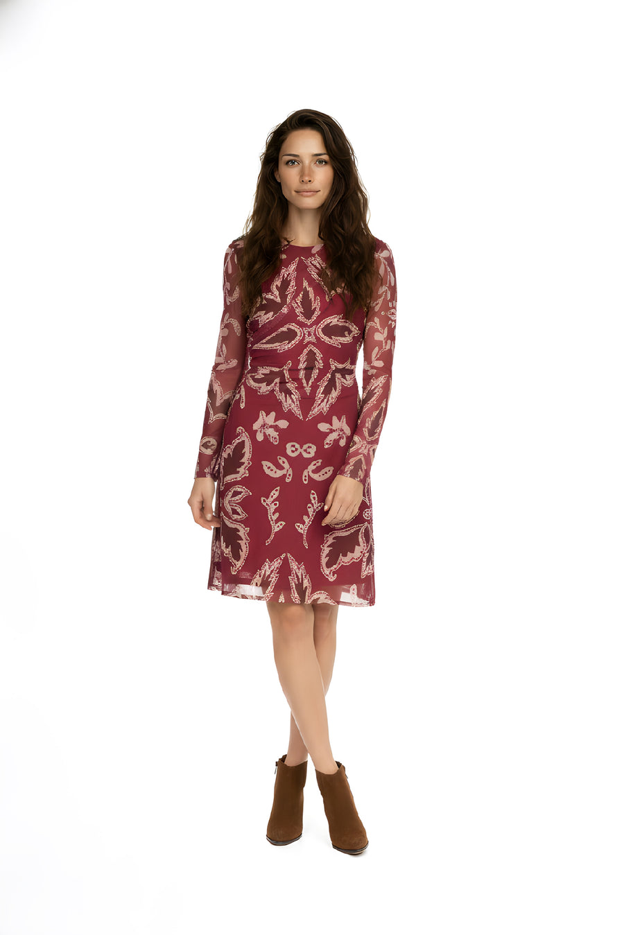 Vestido Midi de Tul Elástico con Estampado Botánico y Detalle de Lentejuelas