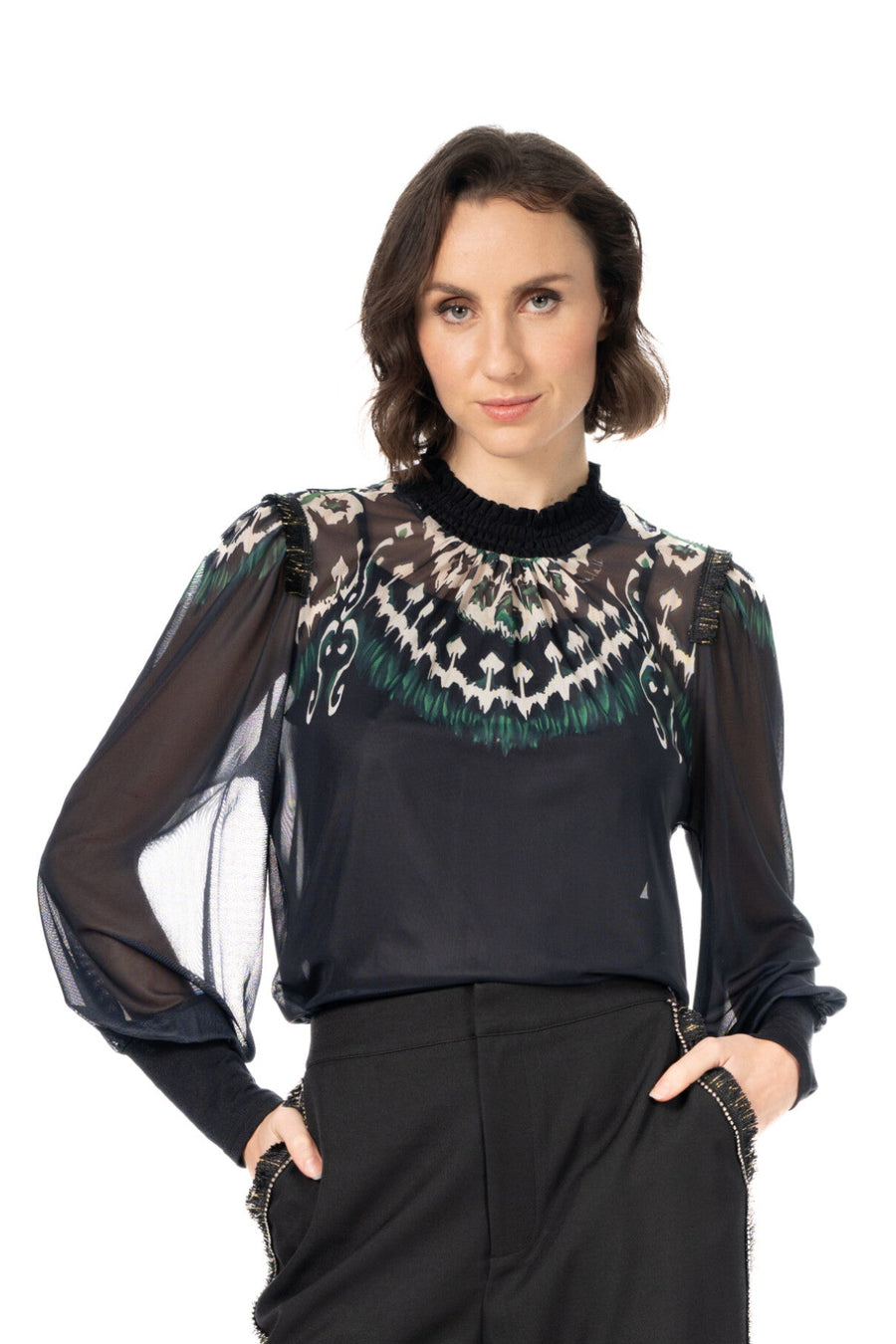 Blusa de Tul Semitransparente con Estampado Étnico en Pechera