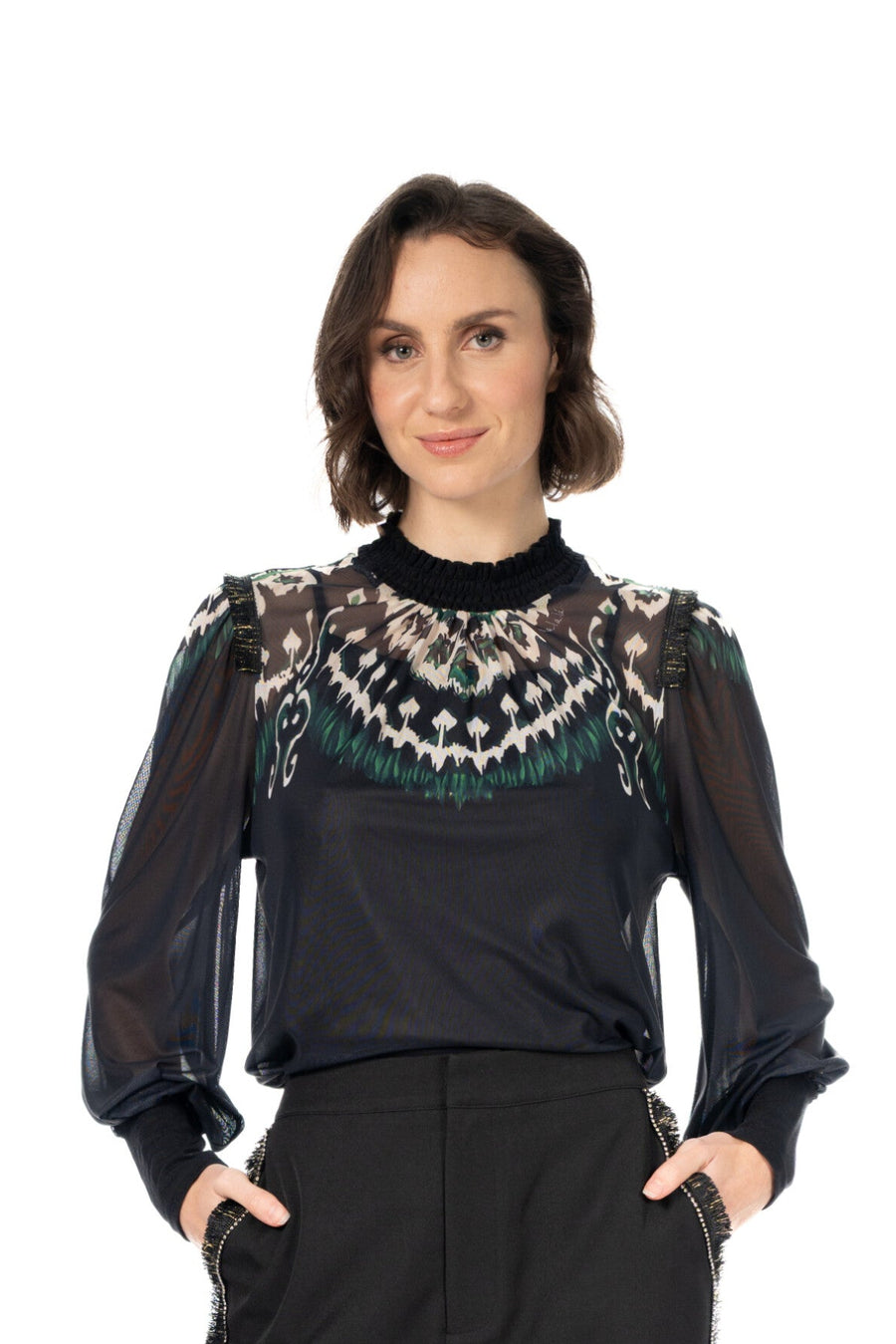 Blusa de Tul Semitransparente con Estampado Étnico en Pechera