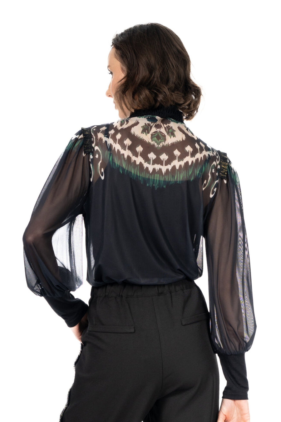 Blusa de Tul Semitransparente con Estampado Étnico en Pechera