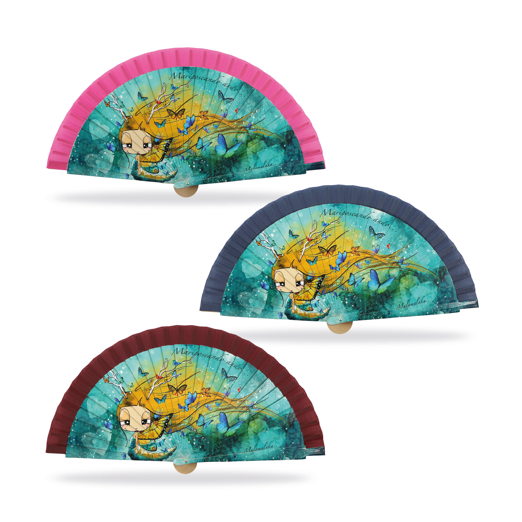 Abanico Malamalaka, de madera natural MARIPOSA, 23 cm