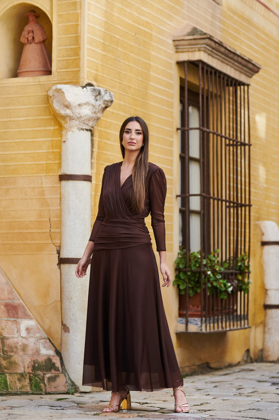 Vestido Cruzado de Tul Elástico con Drapeado Favorecedor