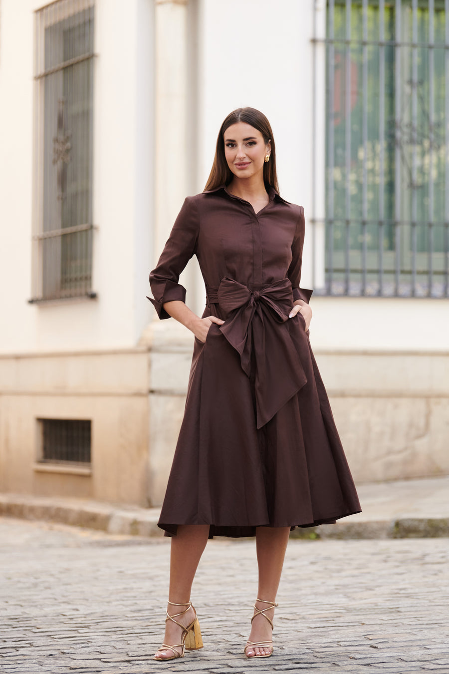 Vestido Camisero Midi de Tafetán con Maxi Lazo