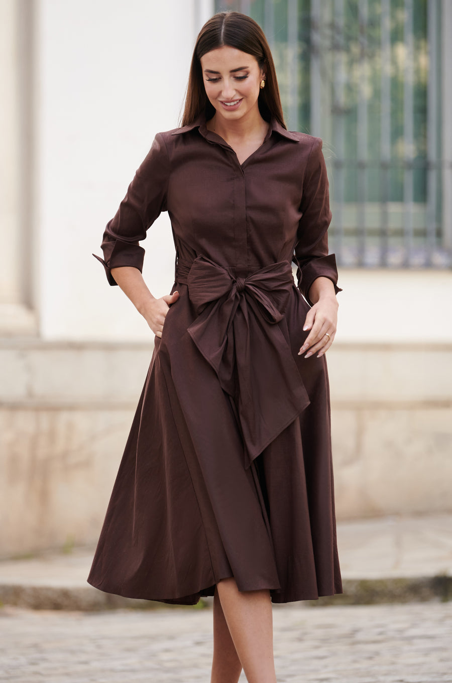 Vestido Camisero Midi de Tafetán con Maxi Lazo