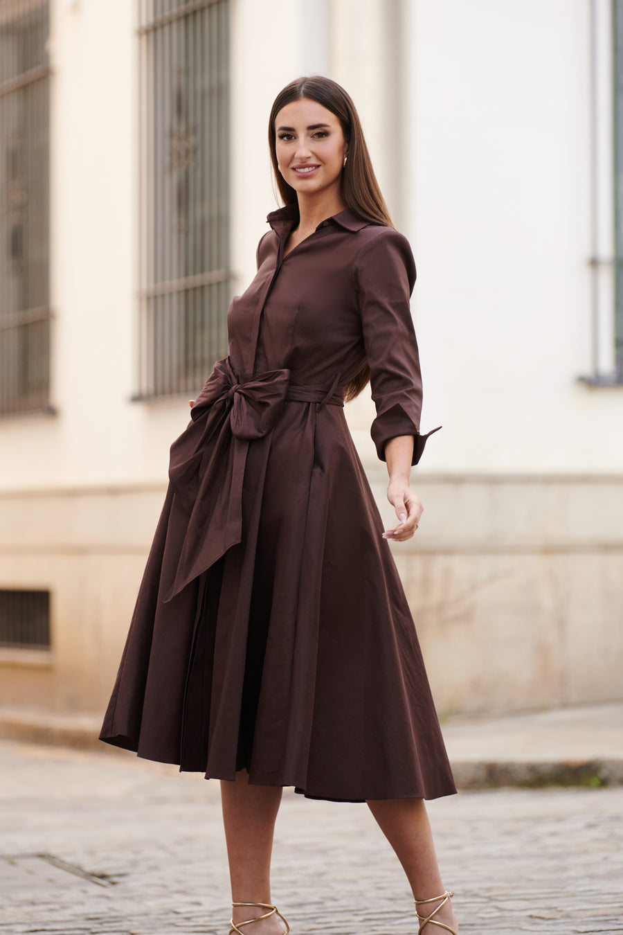 Vestido Camisero Midi de Tafetán con Maxi Lazo