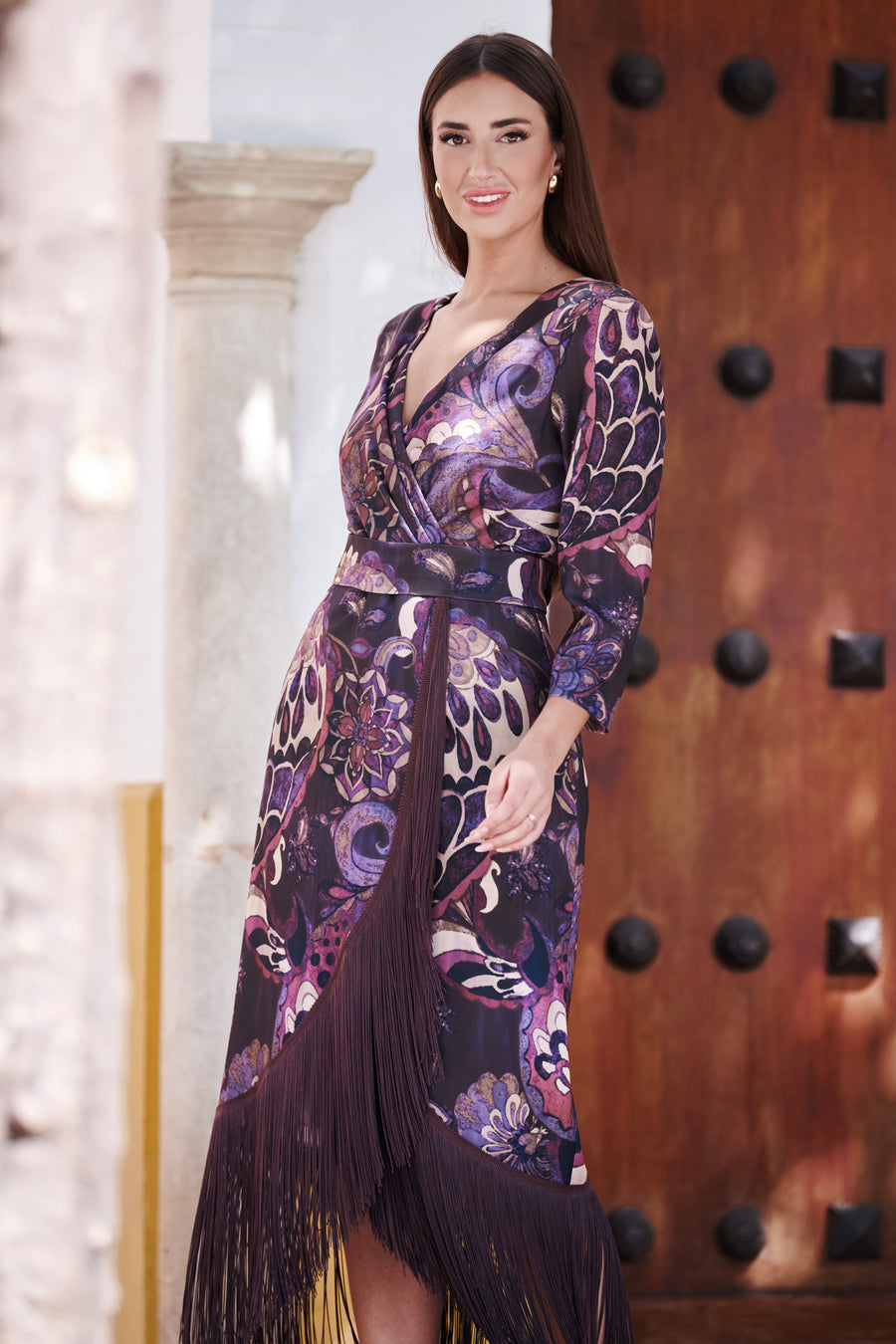 Vestido de Invitada Estampado Manteado con Flecos