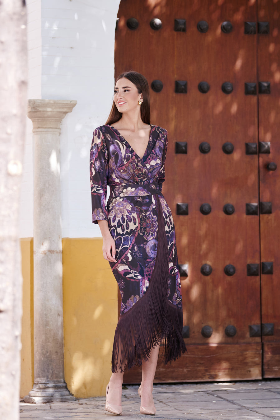 Vestido de Invitada Estampado Manteado con Flecos