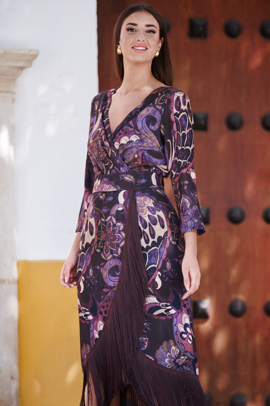 Vestido de Invitada Estampado Manteado con Flecos