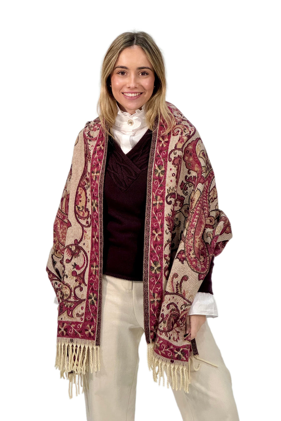 Pashmina de Punto en Tonos Burdeos con Estampado Cachemira