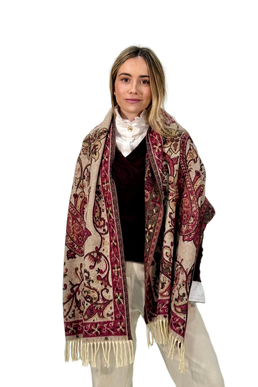 Pashmina de Punto en Tonos Burdeos con Estampado Cachemira