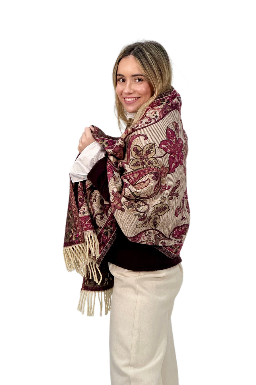 Pashmina de Punto en Tonos Burdeos con Estampado Cachemira