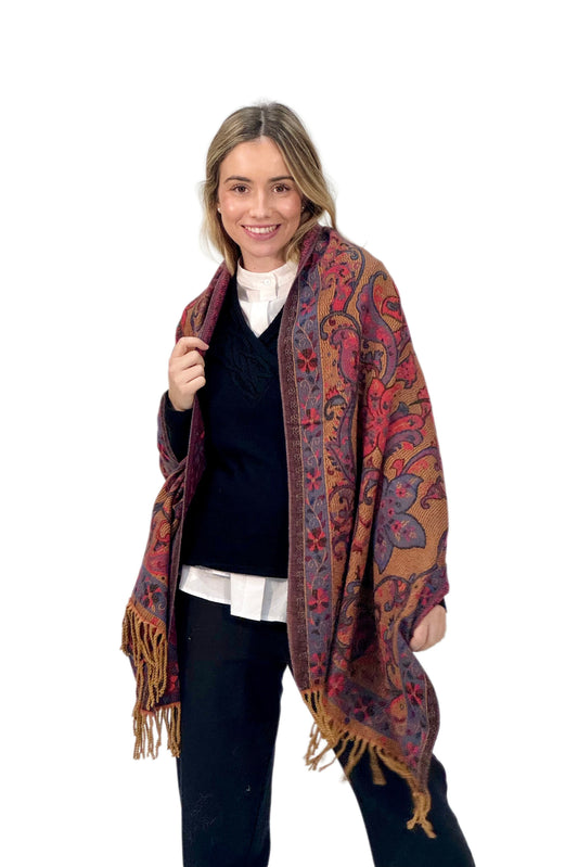 Pashmina de Punto con Estampado Floral y Cachemira en Tonos Teja