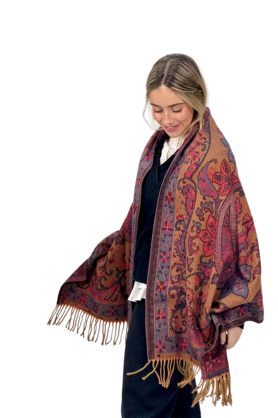 Pashmina de Punto con Estampado Floral y Cachemira en Tonos Teja