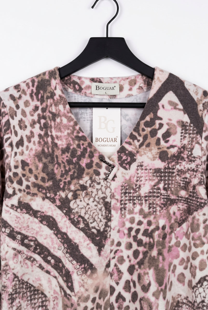 Jersey de Punto con Estampado Animal en Tonos Rosa y Gris y Cuello de Pico