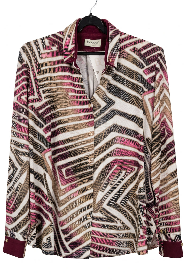 Camisa Estampada Geométrica en Tonos Fucsia y Burdeos con Puños en Contraste