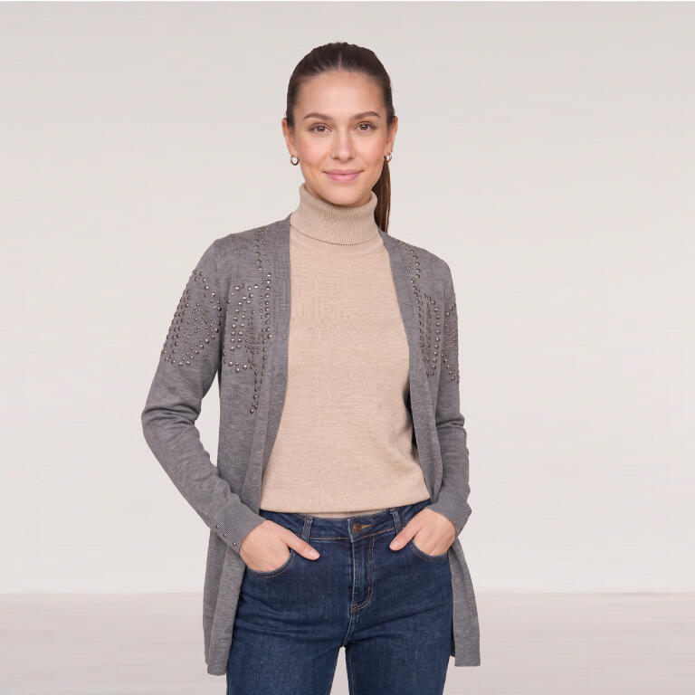 Chaqueta de Punto Larga Gris con Tachuelas