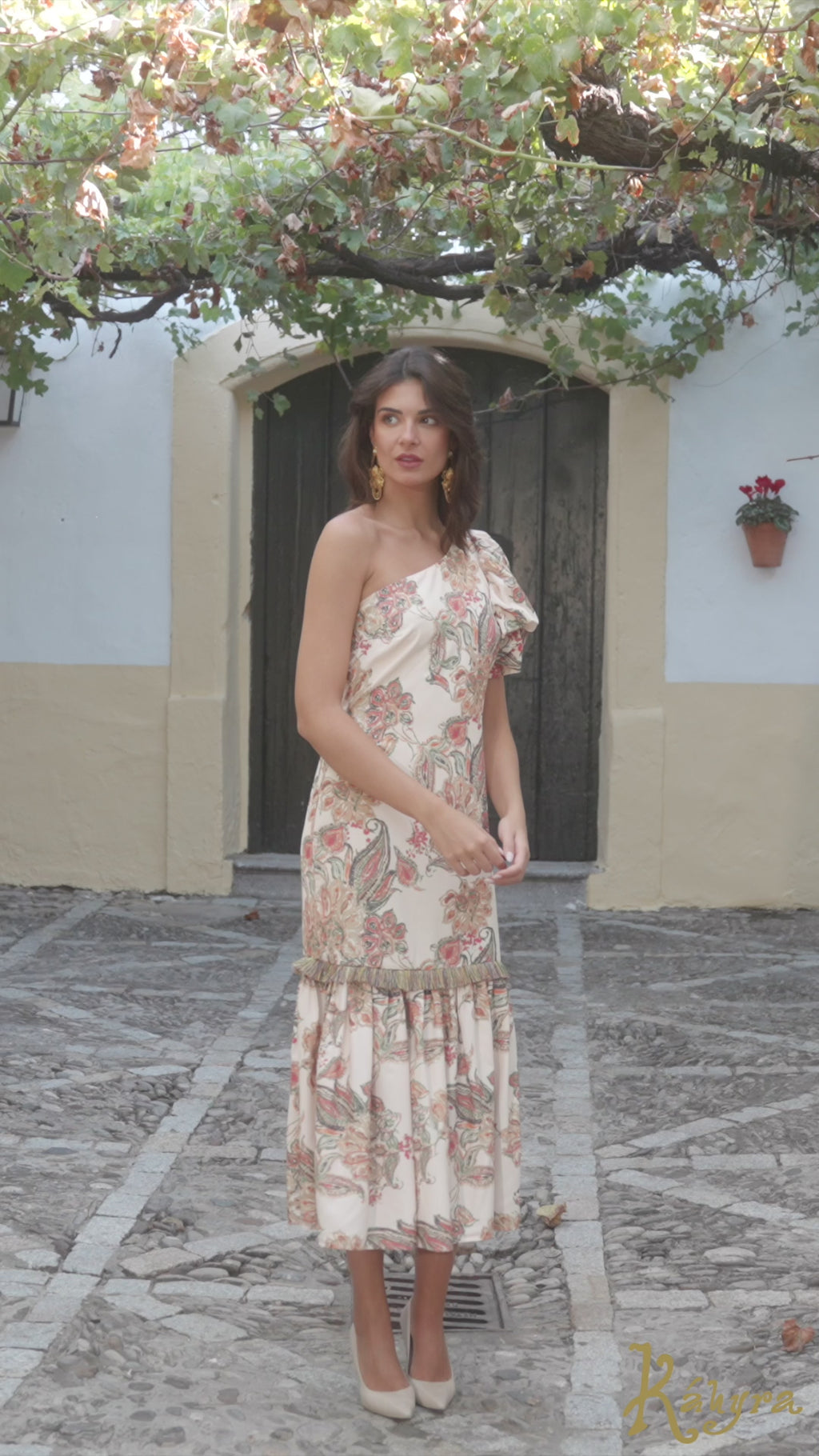Vestido Midi Asimétrico con Estampado Cachemira y Volante