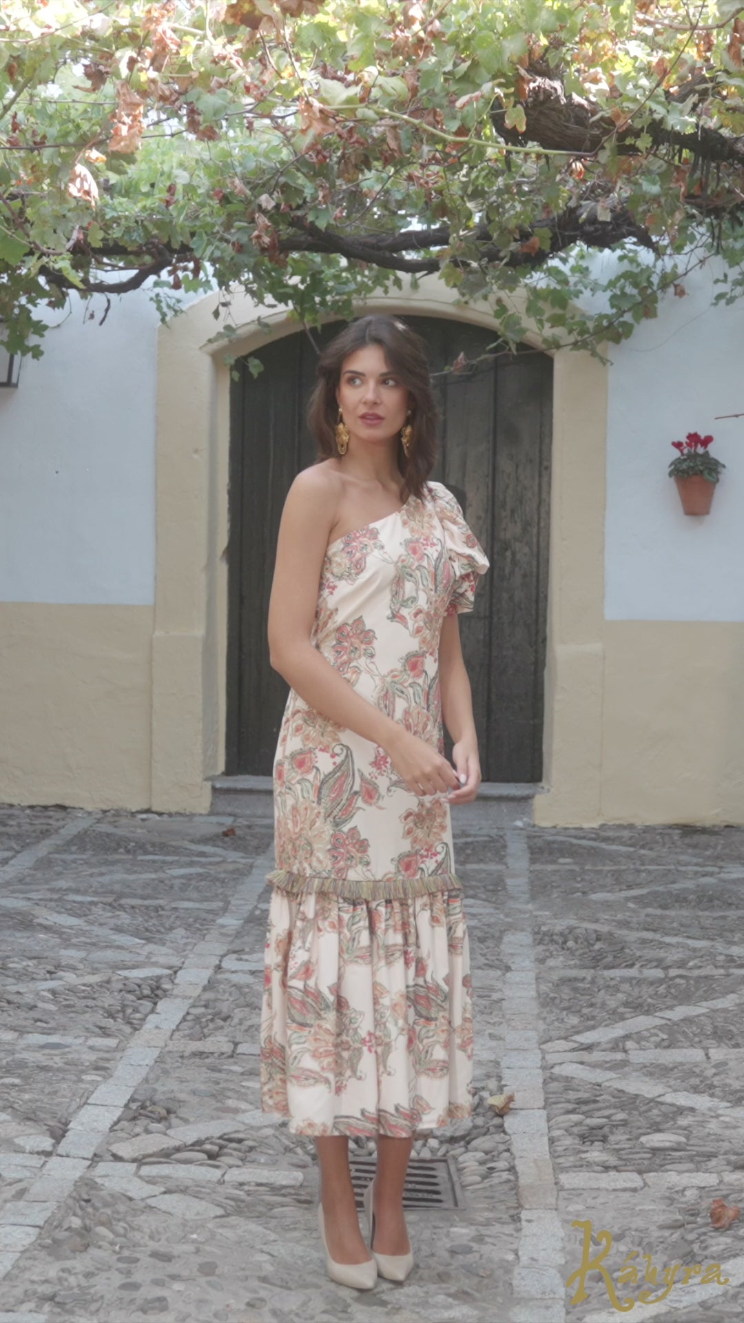 Vestido Midi Asimétrico con Estampado Cachemira y Volante