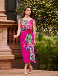Vestido midi de fiesta con estampado floral y efecto cascada
