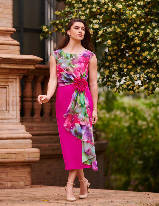 Vestido midi de fiesta con estampado floral y efecto cascada