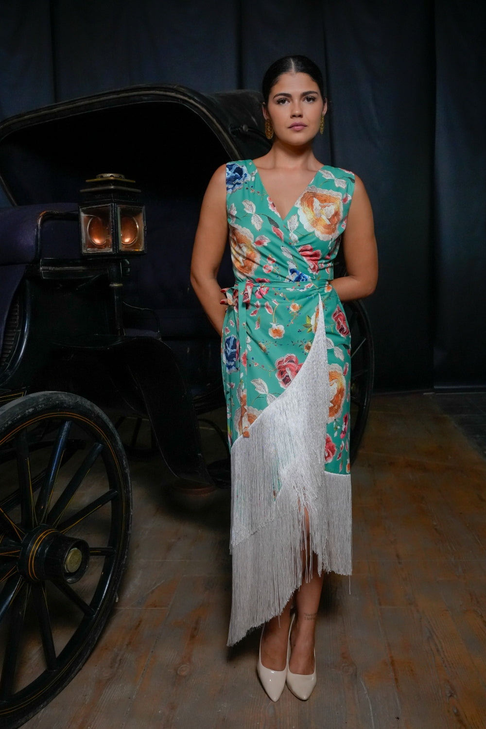 Vestido Midi Amanecer Floral con Flecos inspirado en Mantón