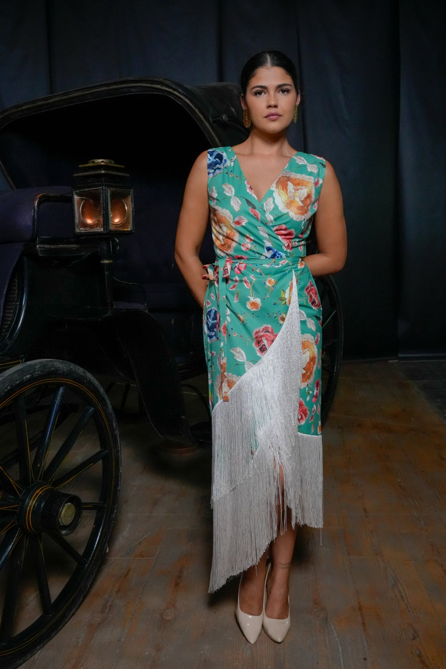 Vestido Midi Amanecer Floral con Flecos inspirado en Mantón