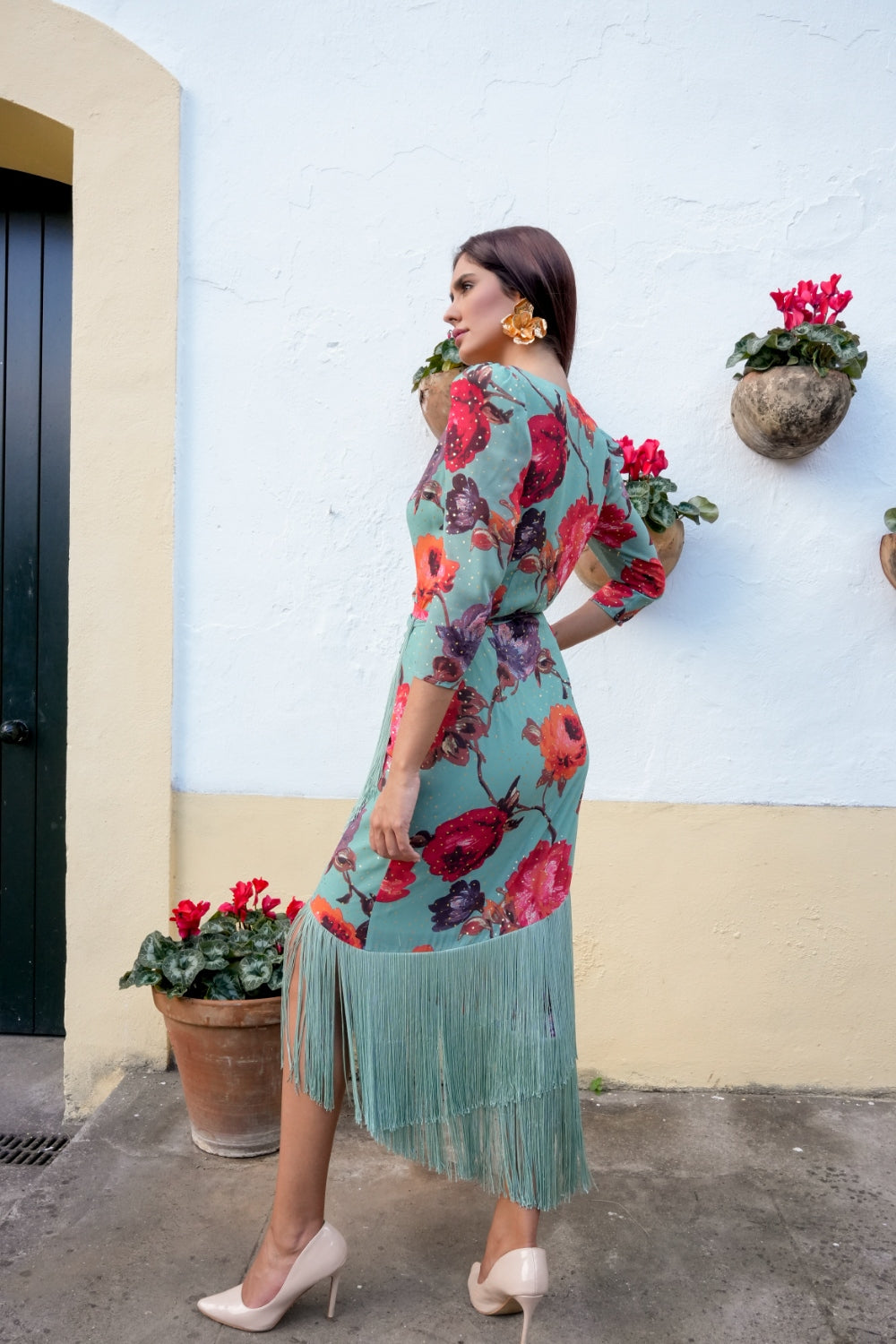 Vestido Midi Estampado con Flecos para bodas y eventos