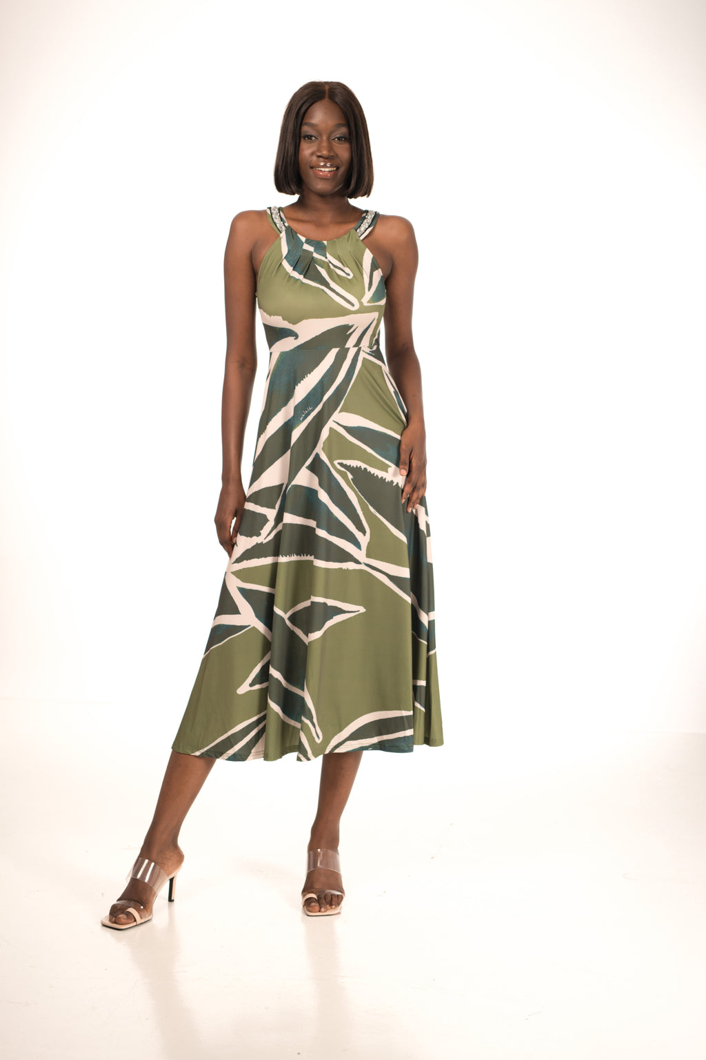 Vestido Midi Halter Estampado Botánico – Verde