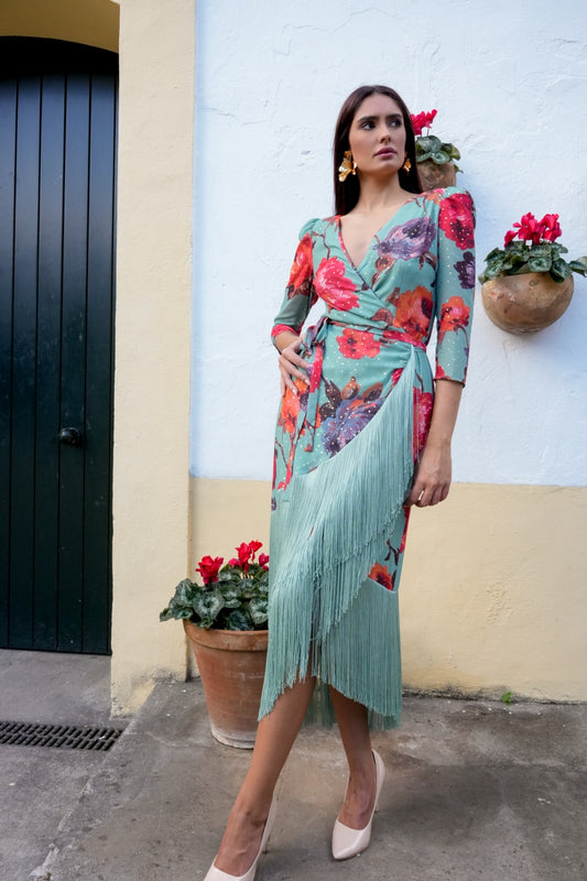 Vestido Midi Estampado con Flecos para bodas y eventos