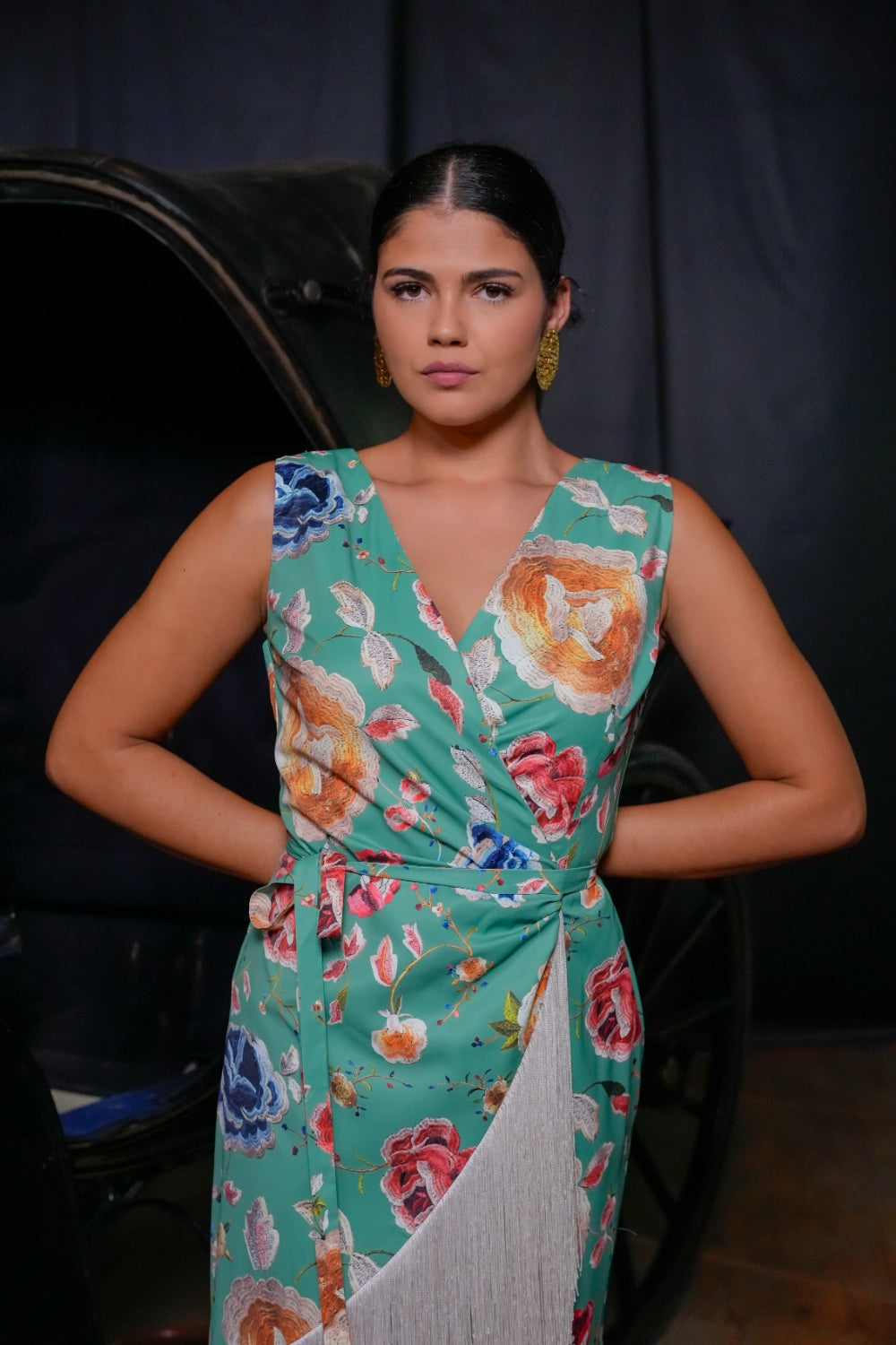 Vestido Midi Amanecer Floral con Flecos inspirado en Mantón