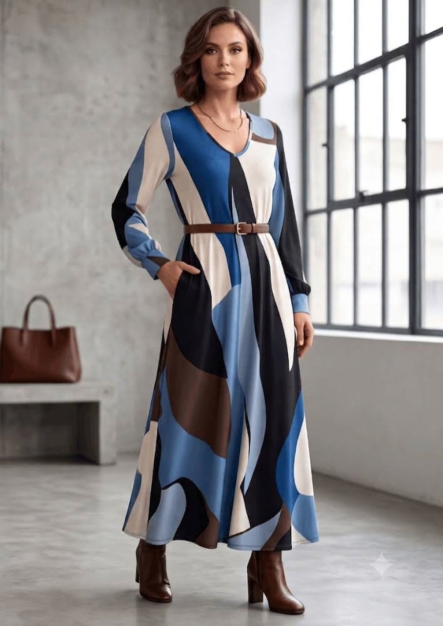 Vestido Largo Estampado Geométrico en Tonos Azul, Beige y Marrón