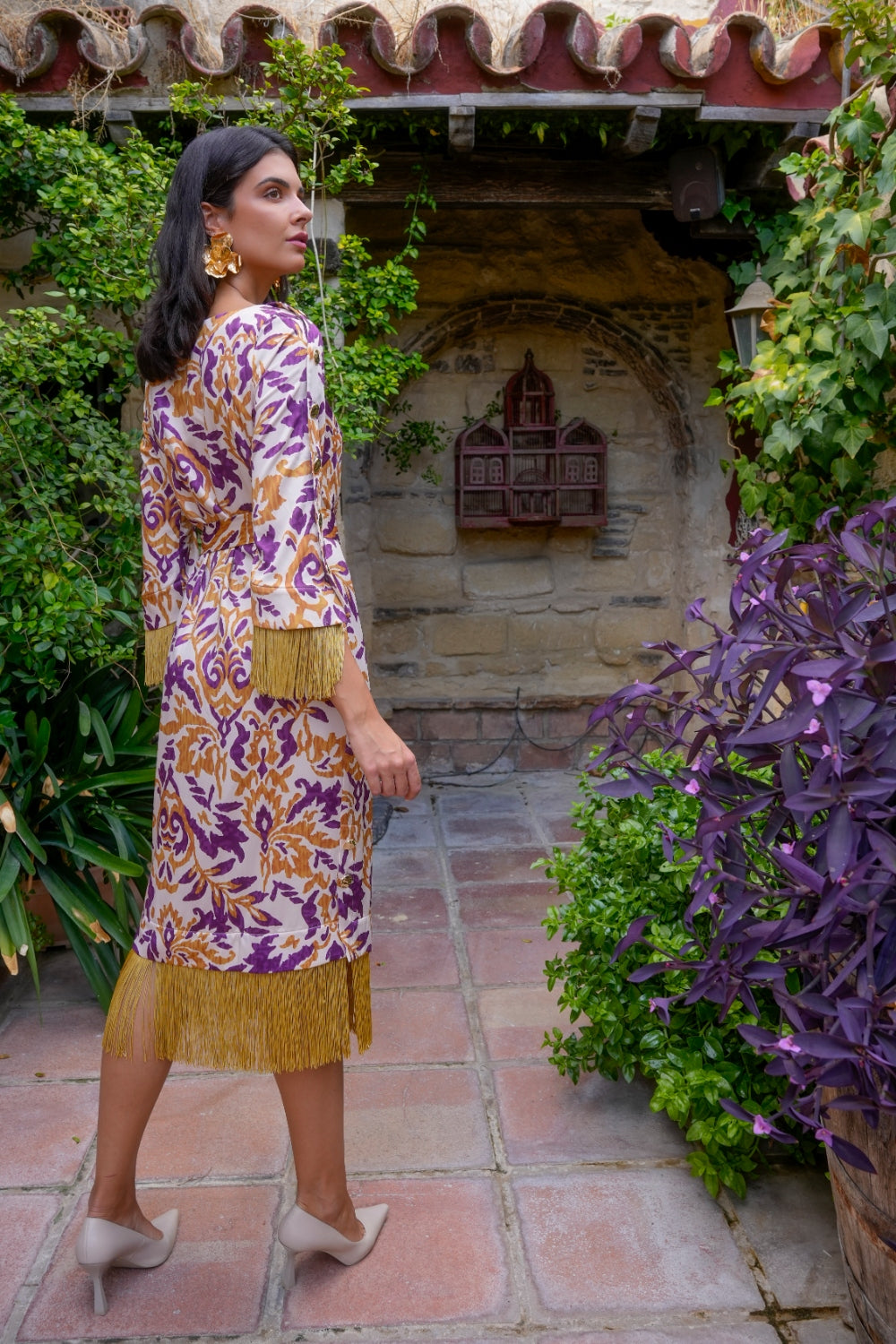 Vestido Midi Estampado Ikat con Detalle de Flecos