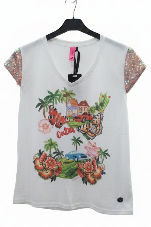 Camiseta Blanca "Cuba Chic" - Toque de Lentejuelas