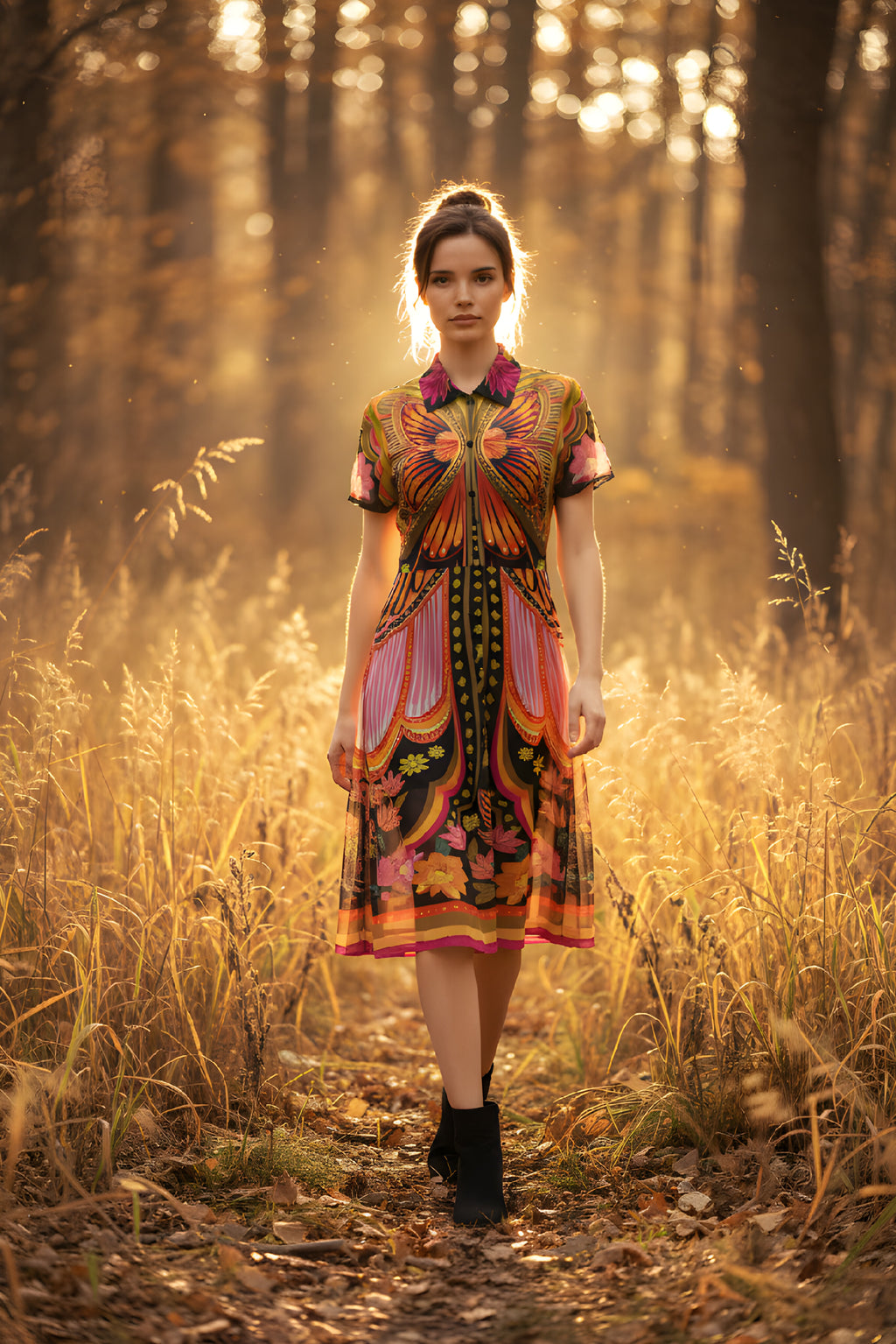 Vestido midi estampado con mariposas y flores