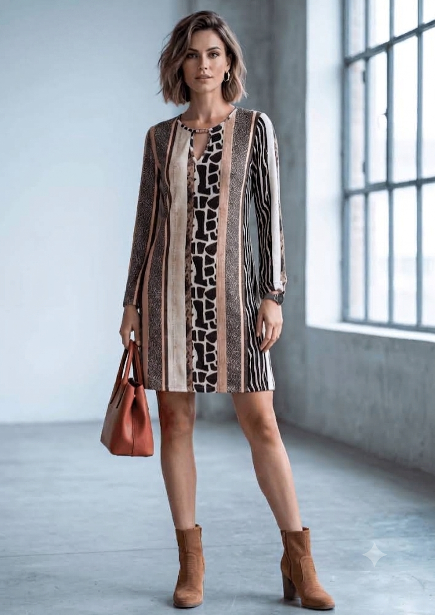 Vestido Corto con Estampado Mixto y Detalles Animal Print