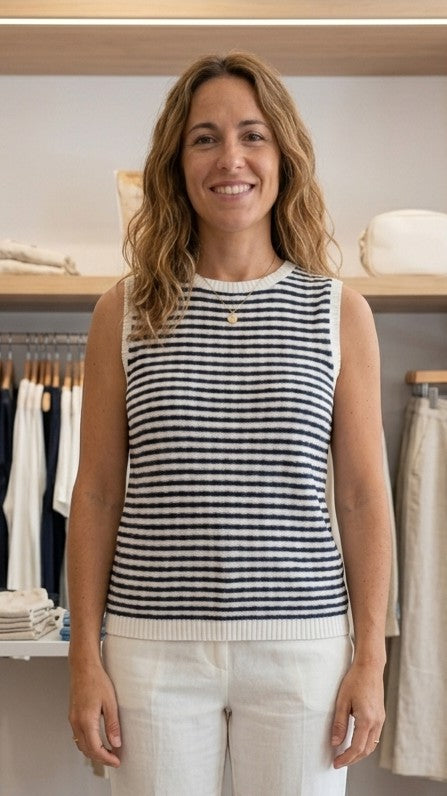 Camiseta de Hilo de Viscosa a Rayas Marineras