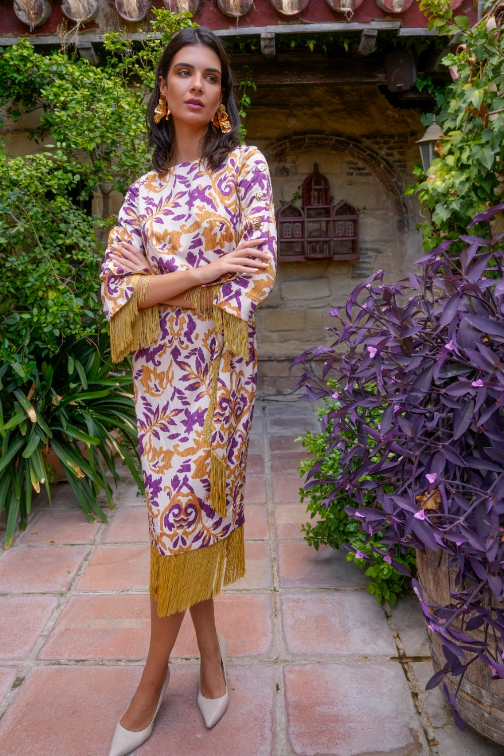 Vestido Midi Estampado Ikat con Detalle de Flecos