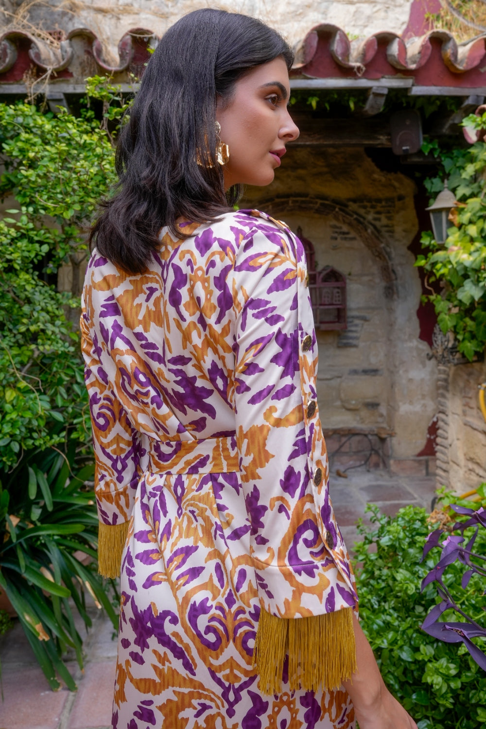 Vestido Midi Estampado Ikat con Detalle de Flecos