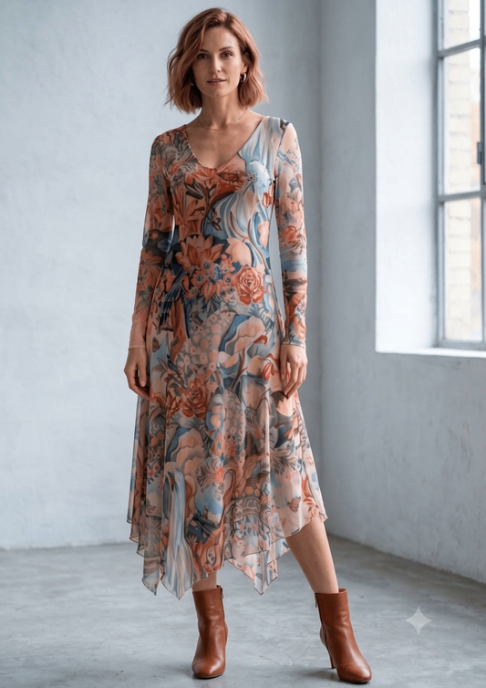 Vestido Estampado Botánico en Tul Fluido