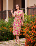 Vestido midi estampado floral artístico para eventos