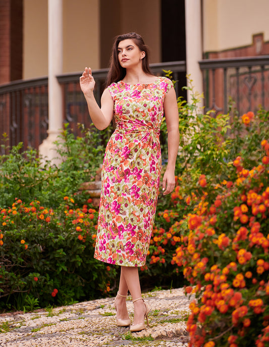 Vestido midi estampado floral artístico para eventos