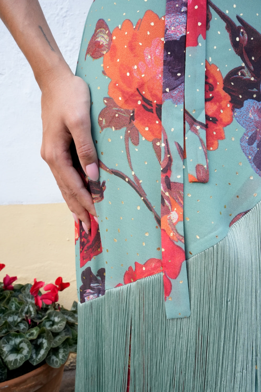 Vestido Midi Estampado con Flecos para bodas y eventos