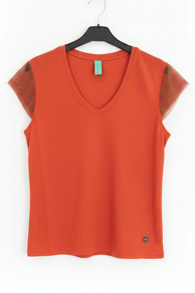 Camiseta Escote en V con Mangas de Plisado Lurex