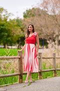Vestido Midi de Fiesta con Falda Estampada y Detalle de Flor en Relieve
