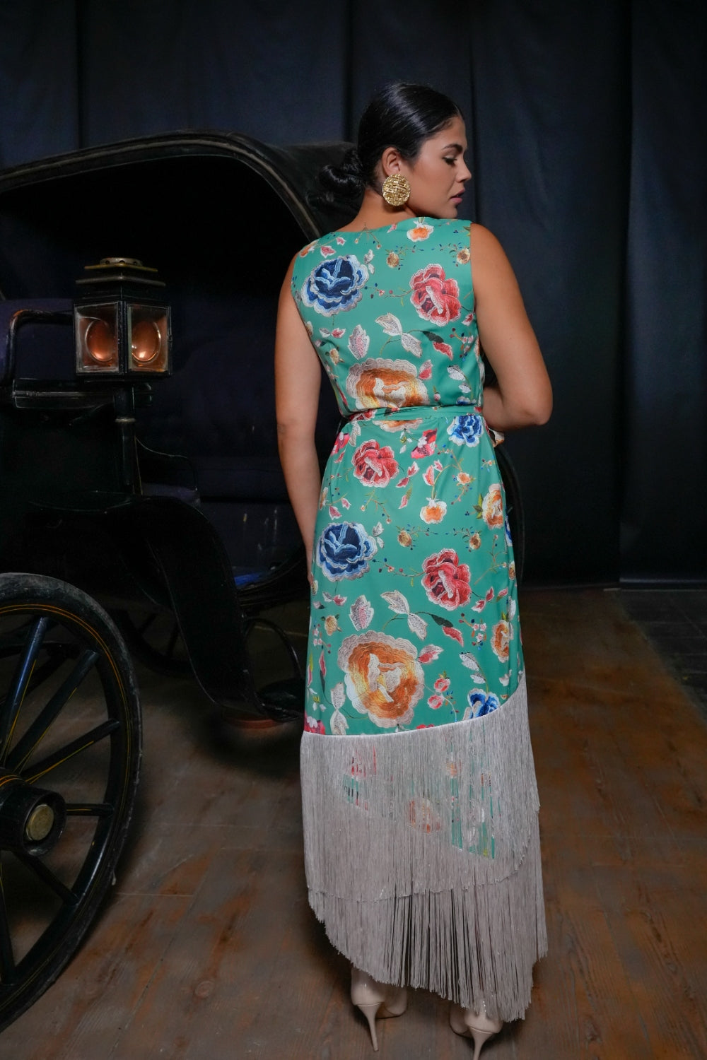 Vestido Midi Amanecer Floral con Flecos inspirado en Mantón