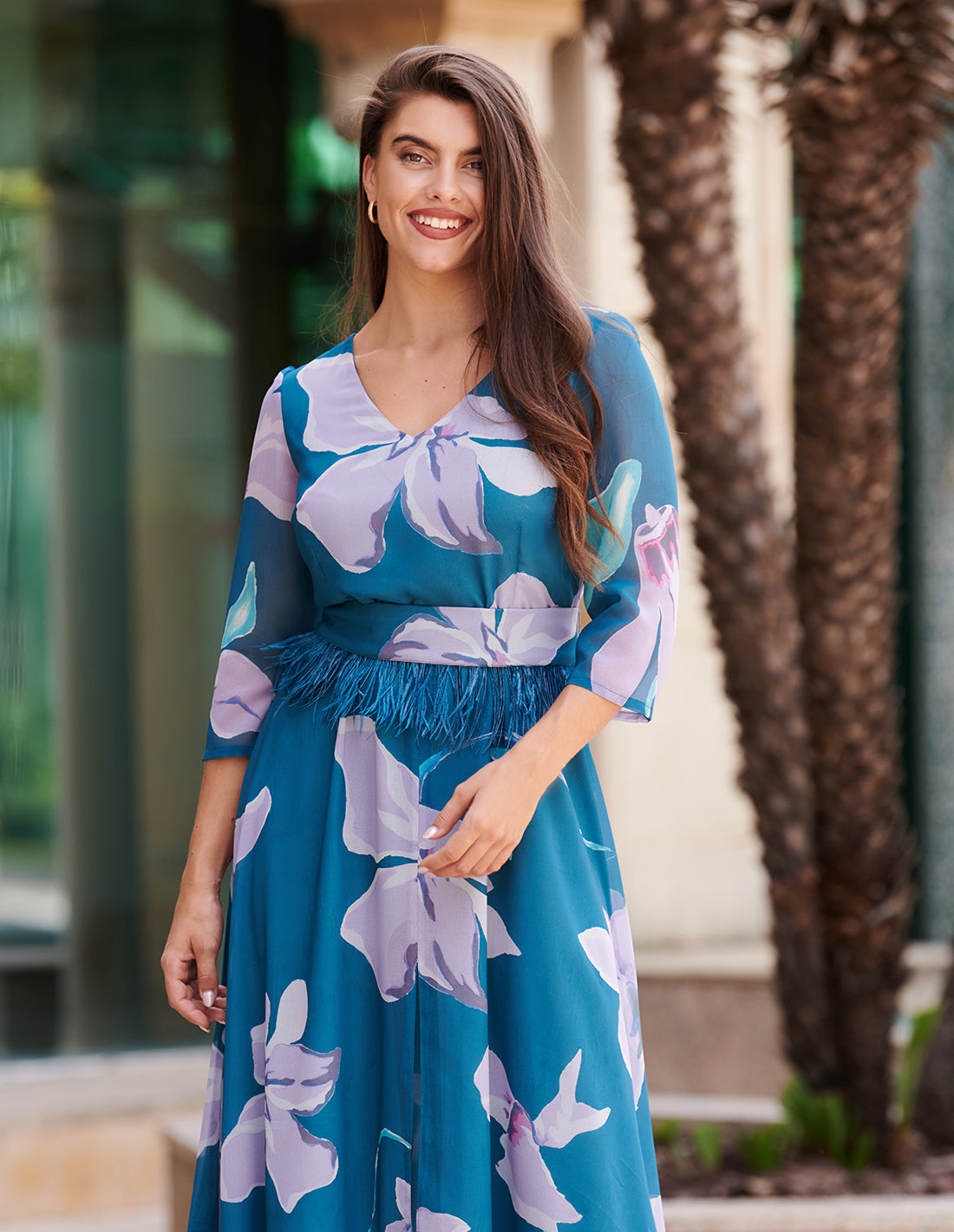 Vestido midi floral en azul y lavanda para mujer