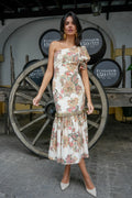 Vestido Midi Asimétrico Estampado Cachemira y Volante