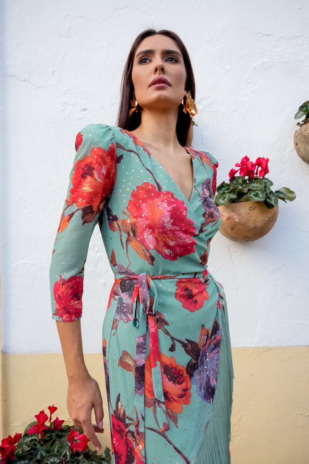 Vestido Midi Estampado con Flecos para bodas y eventos