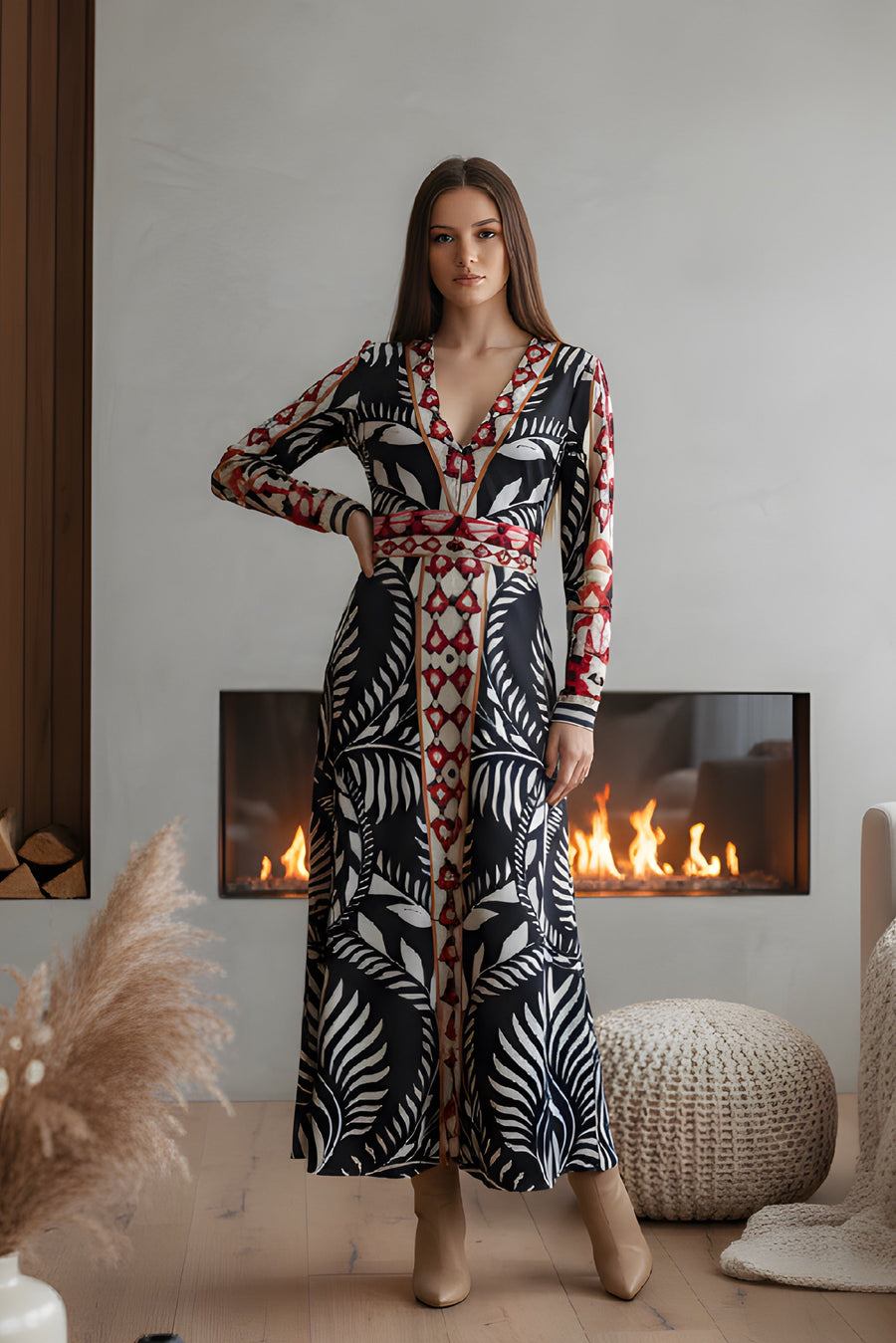 Vestido Largo Estampado de Manga Larga Malalá